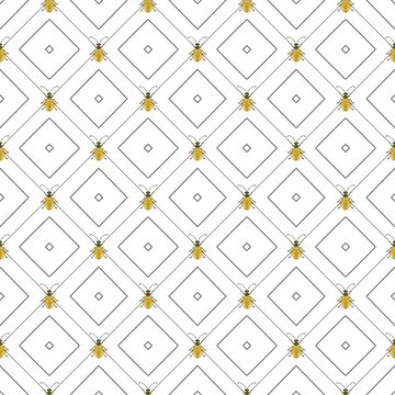 Watercolor geometric seamless pattern with yellow beetles and grey argyle diamond grid on white background. Minimalist insect ornament.
