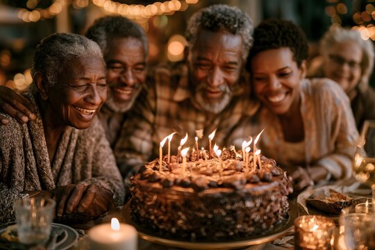 family celebrating birthday with cake