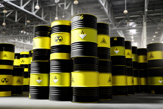 Hazardous waste management, Nuclear industry. Radioactive material barrels are stored in industrial warehouse for controlled handling and safety compliance 3D image