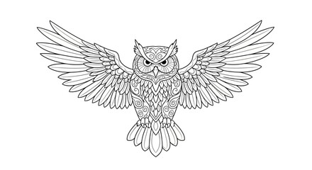 Fototapeta premium Intricate line art illustration of an owl with extended wings on white