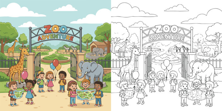 cartoon tourist in the city city of the city city street scene grand zoo entrance scene educational cartoon print illustration vector clipart and line art colouring book for kids drawn hand drawn.