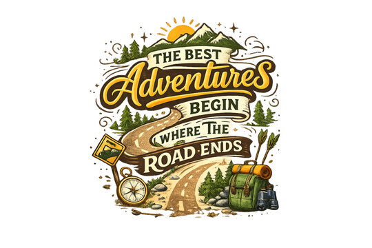 adventure awaits where the road ends, travel quote design, outdoor adventure typography, mountain road journey, wanderlust inspiration, camping adventure theme, scenic road trip, nature exploration qu