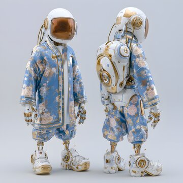 futuristic astronaut suits with floral patterns