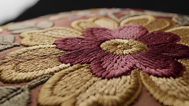 Closeup of intricate floral embroidery on fabric 1.