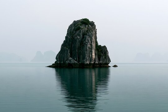 solitary rock formation reflecting in calm water