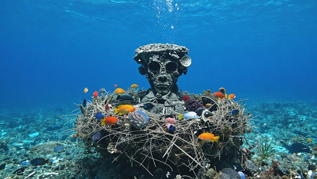 Artificial Reef Structure Overgrown with Coral and Surrounded by Tropical Fish