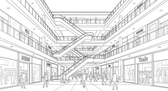 Modern shopping mall interior architectural sketch drawing.
