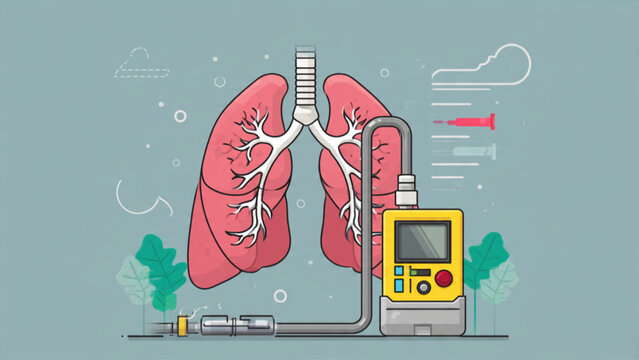 Medical illustration of lungs and oxygen monitor with breathing apparatus in medical setting