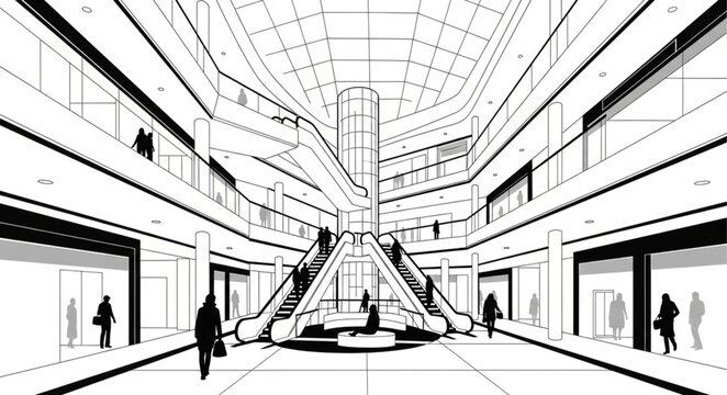 Modern shopping mall interior with escalators and people.