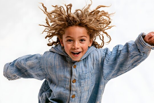 child with curly hair jumping joyfully