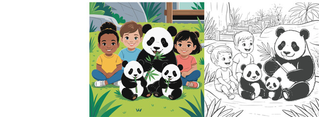 painting of the world, abstract background with butterflies and flowers, Panda Family Encounter, coloring book, drawing, children, fairy tale, sketch, clip art. © Pinki