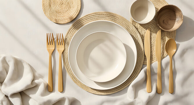 Top view flat lay composition of eco-friendly bamboo and ceramic tableware including plates, bowls, forks, knives, and spoons, arranged on woven placemats with soft beige fabric background in natural.