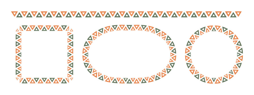 Ethnic ornament frame vector, Mexican geometric triangular pattern set, Aztec and African motif borders, circle and rectangle text frames, isolated transparent background design.