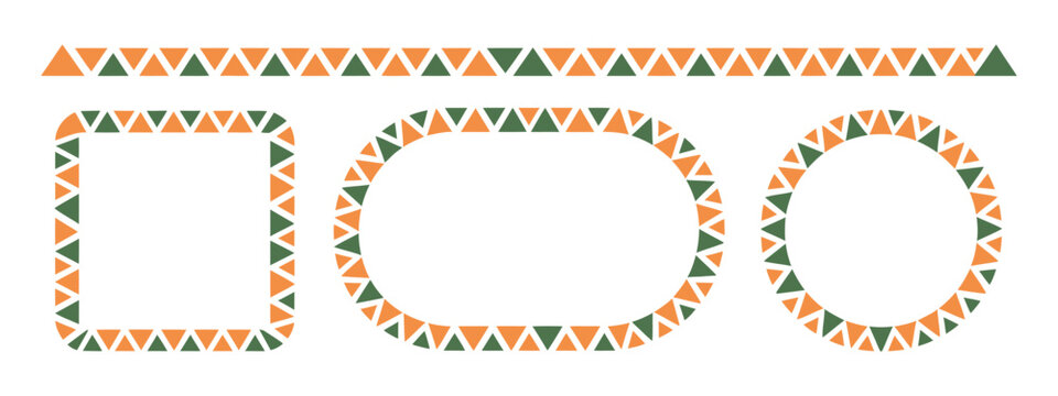 Ethnic ornament frame vector, Mexican geometric triangular pattern set, Aztec and African motif borders, circle and rectangle text frames, isolated transparent background design.