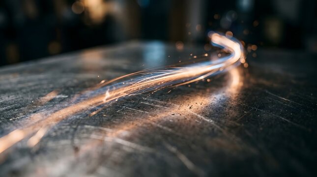 Intense sparks and light trails illuminate a metal surface during welding process.
