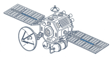 Detailed Illustration of a Space Satellite with Solar Panels. © Camy
