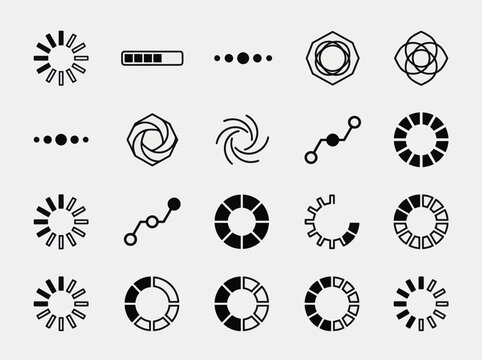Collection of diverse loading and buffering icons for digital interfaces.