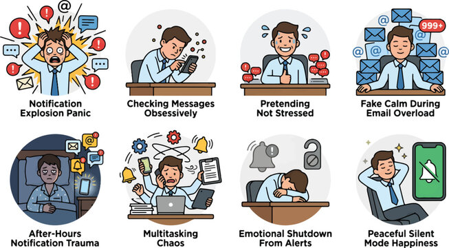 Funny Notification Anxiety Illustration Set with Email Overload and Digital Burnout Concepts