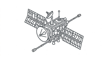 Detailed illustration of a space satellite with solar panels and antenna. © Camy