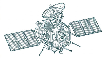 Detailed illustration of a space satellite with solar panels and antenna. © Camy