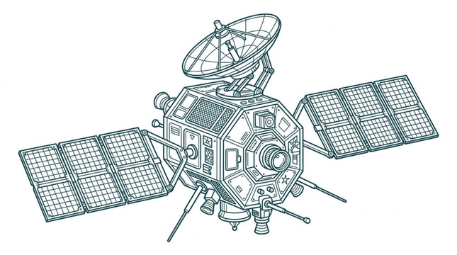 Detailed illustration of a space satellite with solar panels and antenna.