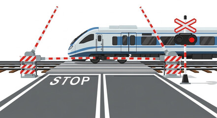 Modern Train Crossing Road with Stop Sign and Barriers. © Shella