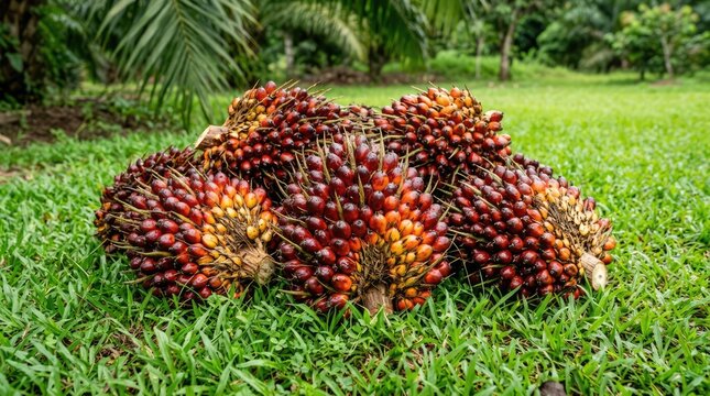 Palm Fruit Cluster on Grass in Palm Plantation Field During Harvesting Time