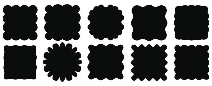 Organic frame vector set, square wavy text box and irregular doodle shapes, abstract geometric border, empty fluid form, hand drawn illustration, transparent background.