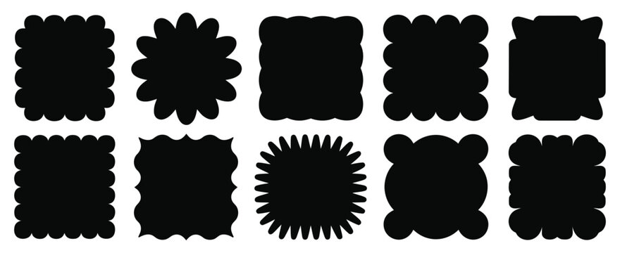 Organic frame vector set, square wavy text box and irregular doodle shapes, abstract geometric border, empty fluid form, hand drawn illustration, transparent background.