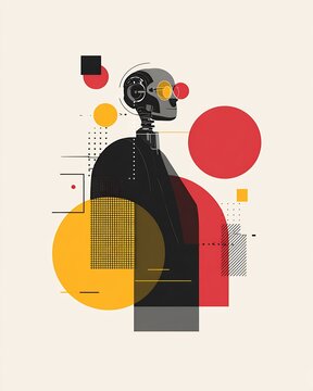 Geometric abstract illustration of a robotic profile with bold red and yellow circles and grid elements