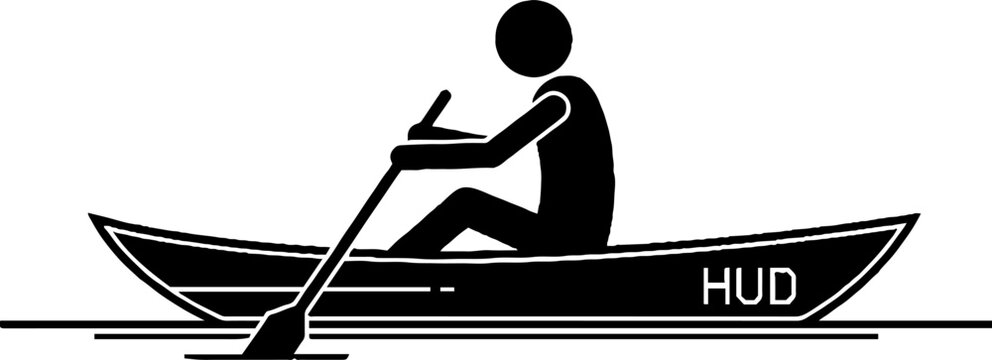 Person rowing a canoe with tech display elements