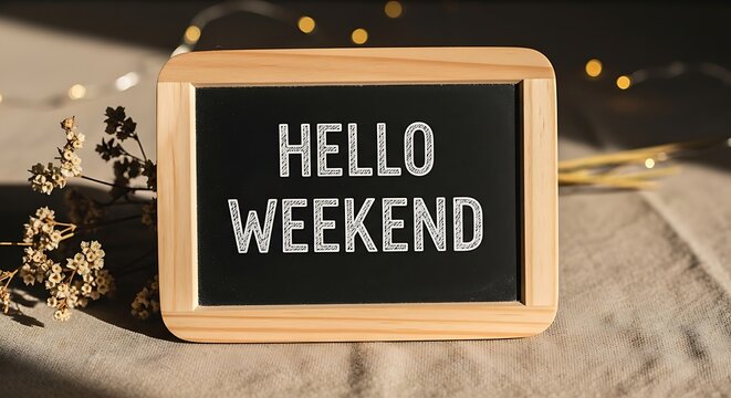 Hello weekend sign on a wooden chalkboard with dried flowers and fairy lights on a rustic fabric background