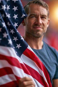 Confident United States football supporter holding American flag in stadium