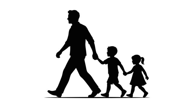 Family Silhouette Walking Together Black Shape On White Background
