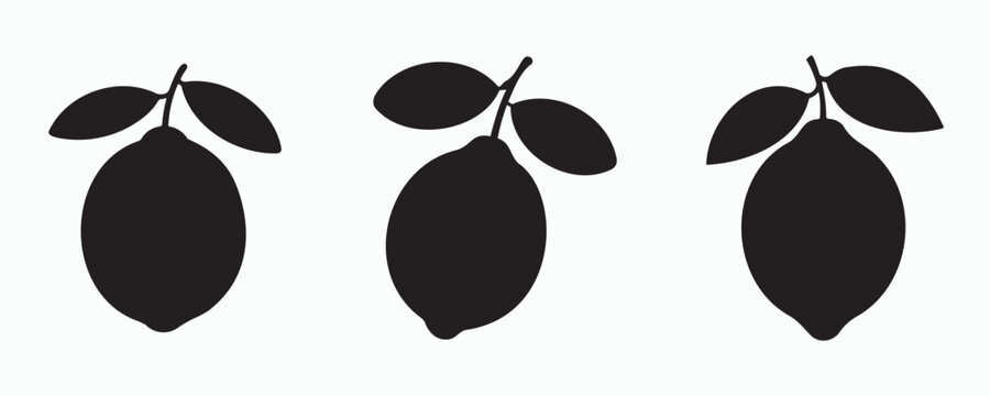 Black lemon silhouette collection with simple leaf variations, isolated on a light gray background. Minimal flat citrus fruit icons for organic food packaging, botanical themes, and modern graphic des