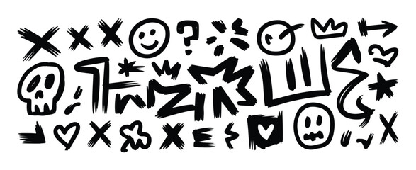 Punk graffiti doodles vector, bold brush drawn star skull crown and arrow symbols, street art grunge figures, hand drawn rock and roll aesthetic design set. © AYAT 01
