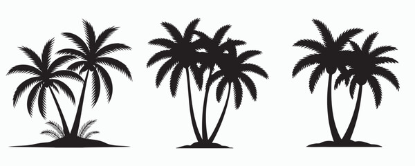 Elegant palm tree silhouette isolated on white background, tropical summer nature icon representing beach vacations, exotic islands, and coastal paradise themes. © MD Rokib Adobe