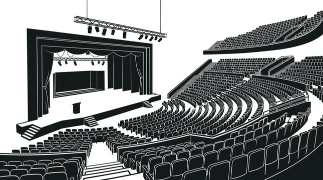 Theater auditorium silhouette with tiered seating and stage black and white