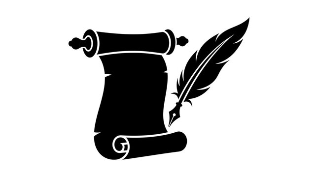 Scroll and quill pen silhouette against a white background
