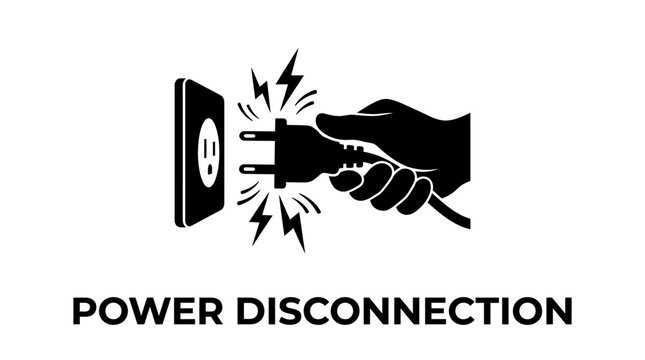 Power disconnection silhouette with hand unplugging electrical outlet white background