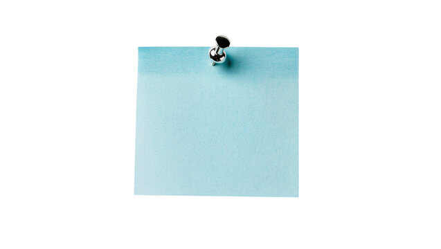 Light blue square sticky note pinned with silver thumbtack, isolated on transparent background