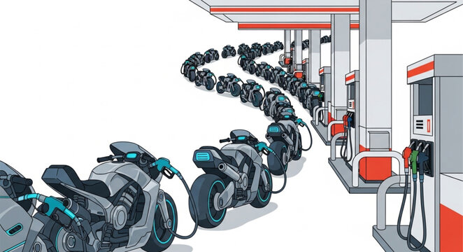 Motorcycles lined up at a gas station for fuel.