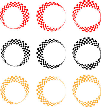 Abstract crescent checkered shapes in red black and yellow isolated on transparent background for various creative layout design.
