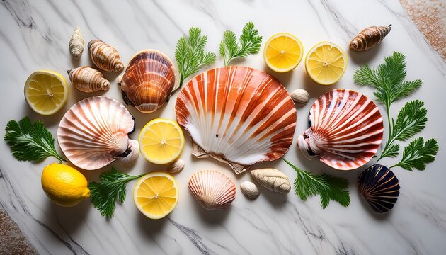 colorful variety of fresh seafood shells with lemons and greens on marble background for culinary and lifestyle imagery
