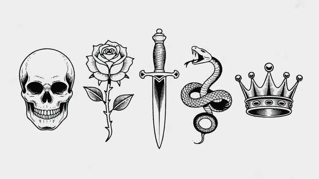 Black and white illustrations of skull rose dagger snake and crown