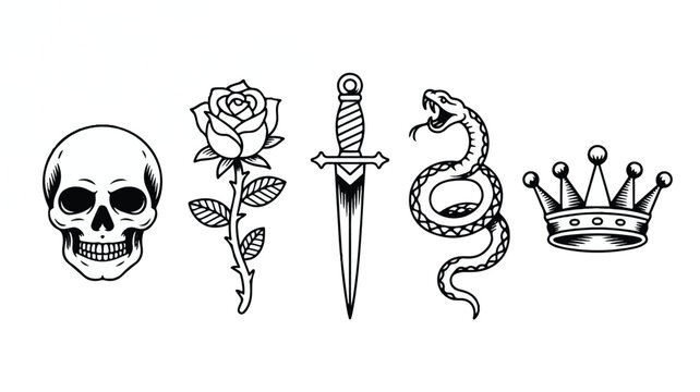 black and white illustrations of tattoo symbols  skull rose dagger snake crown