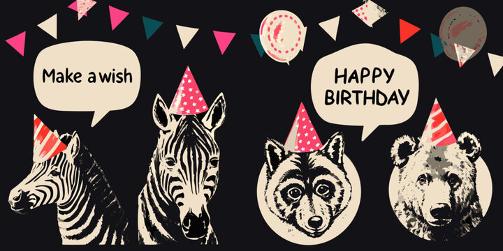 Zebra and bear birthday illustration with party hats and speech bubbles