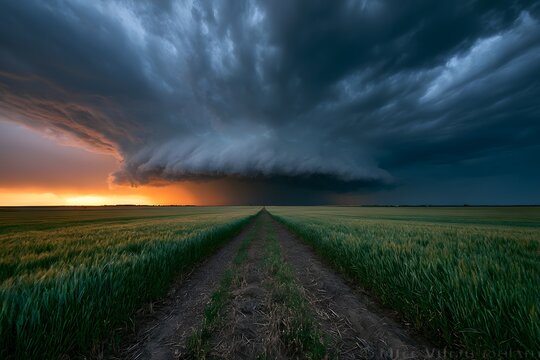 stormy sky over rural field at sunset