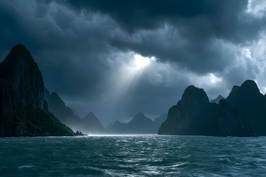 dramatic light rays over rocky coastline