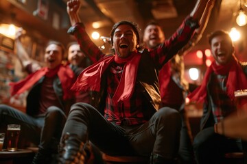 Obraz premium Group of fans celebrating goal in pub with blank red scarves